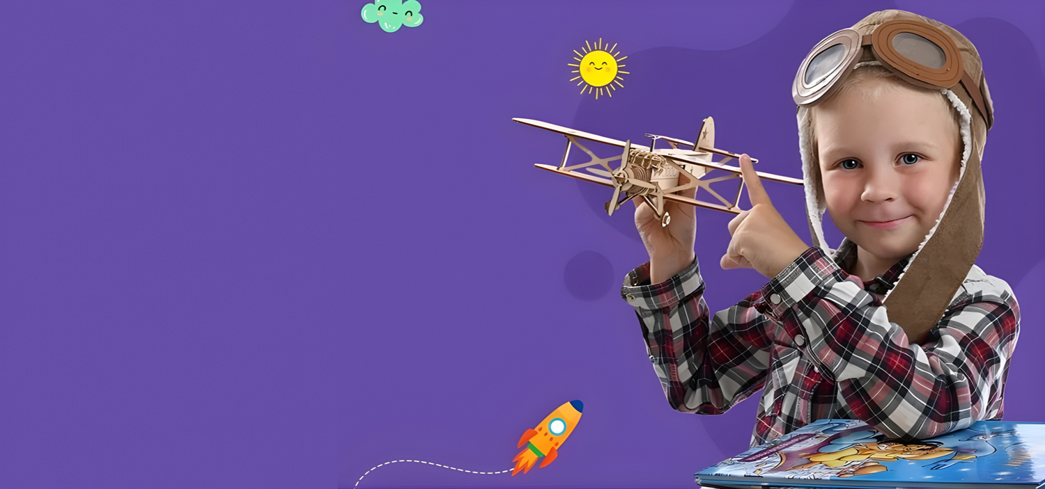 Smiling child playing with a wooden airplane educational toy that encourages creativity, and learning through play.